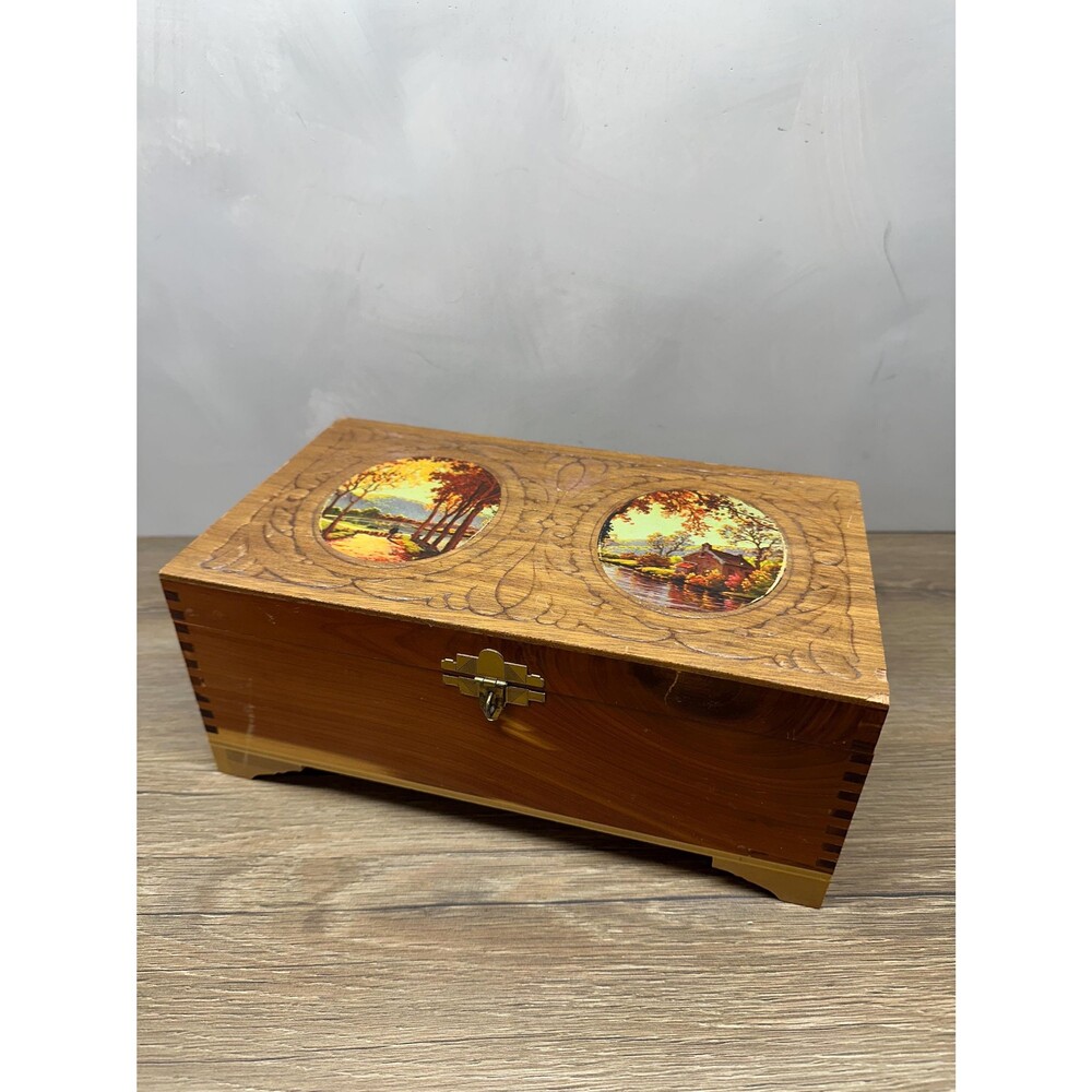 Vintage Cedar Jewelry Box Dovetail Corners Fall Decoupage Mirror 10.75x6.25"